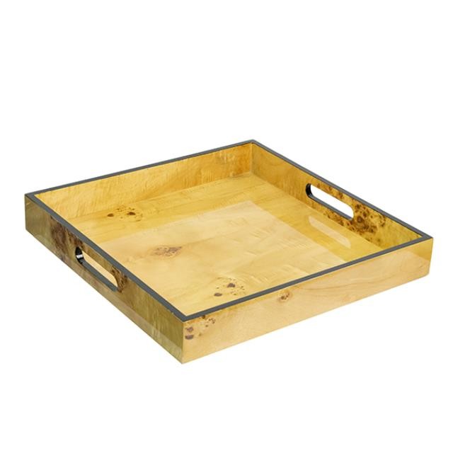 TRAY-Faux Burled Wood Square W/Edge & Cutout Handles