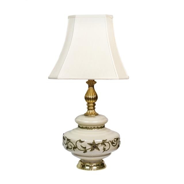 TABLE LAMP-Beige Painted Glass W/Gold Fluted Neck