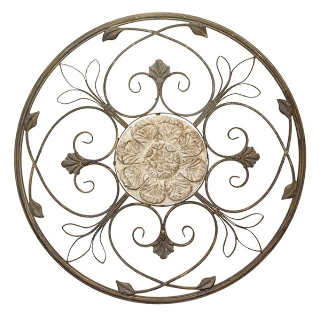 WALL ART-Round Metal Vines w/Faux Stone Flower