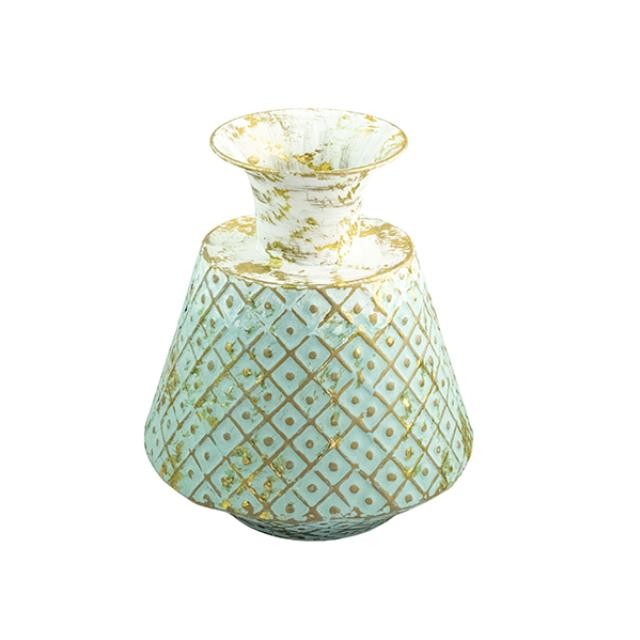 VASE-Short White Washed, Pale Green & Gold Metal