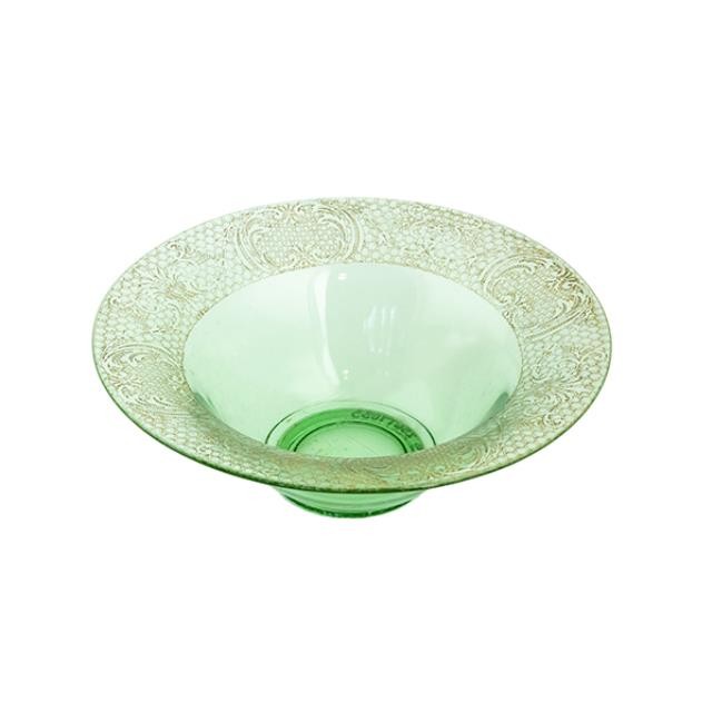 DECORATIVE BOWL-Vintage Green Glass w/Gold Accents on Rim