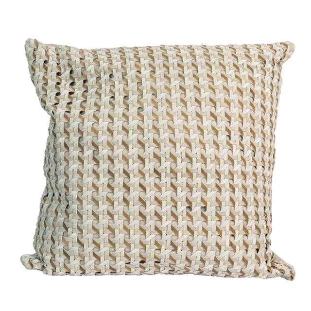 PILLOW-THROW-White Leather Woven w/Beige