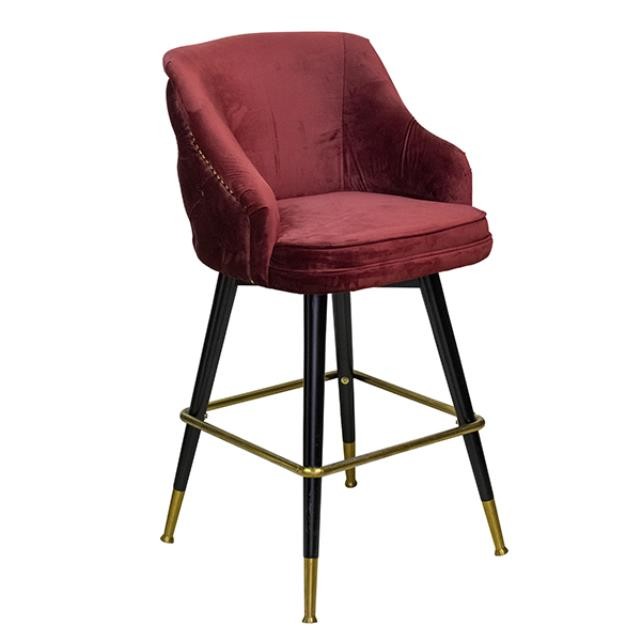 BAR STOOL- Burgundy Velvet, Tufted Back W/Brass Nailhead Detail