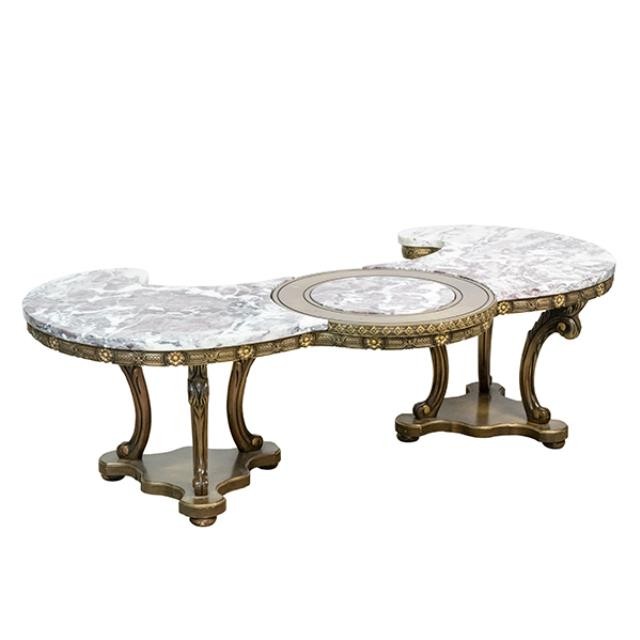 COFFEE TABLE- Boomerang Shape W/Marble Top & Ornate Wood Carved Base