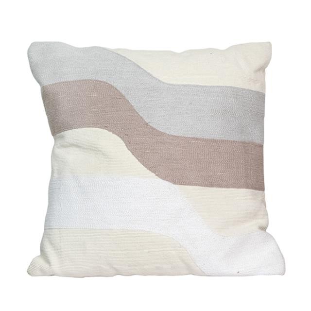 PILLOW-THROW-Beige w/Blue/Brown/White Waved Stripes