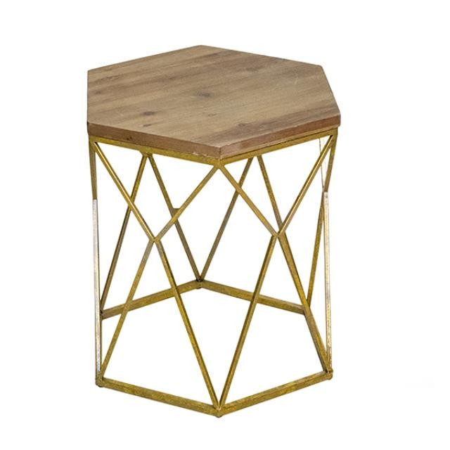 SIDE TABLE-Hexagon W/Gold Frame & Raw Wood Top