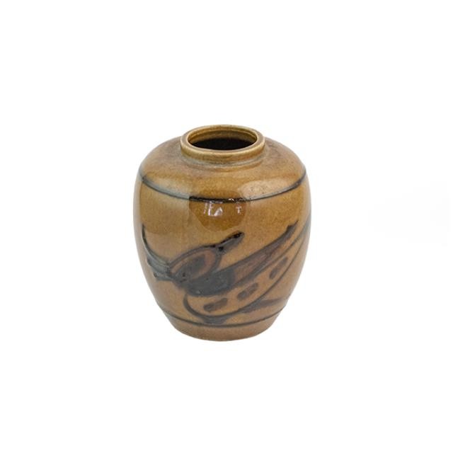 VASE-Ceramic-Brown Glaze w/ Decorative Leaves