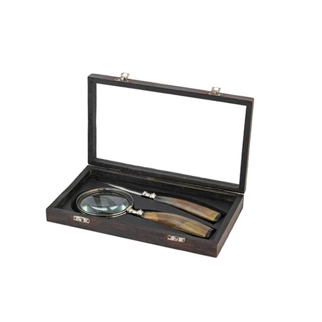 Magnifying Glass/Letter Opener W/Horn Handles In Wooden Case