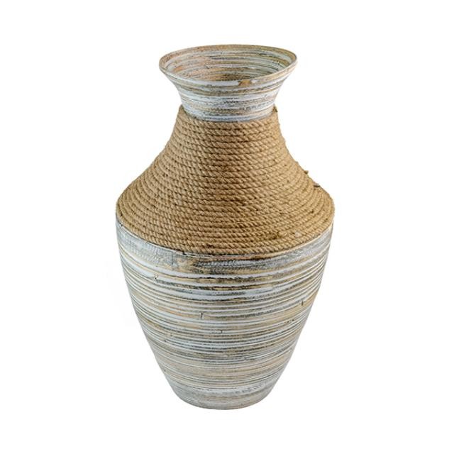 VASE-Tall W/Grey & Tan Horizontal Stripes.