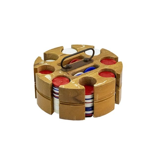 POKER CHIPS-Vintage W/Wooden Lazy Susan Caddy