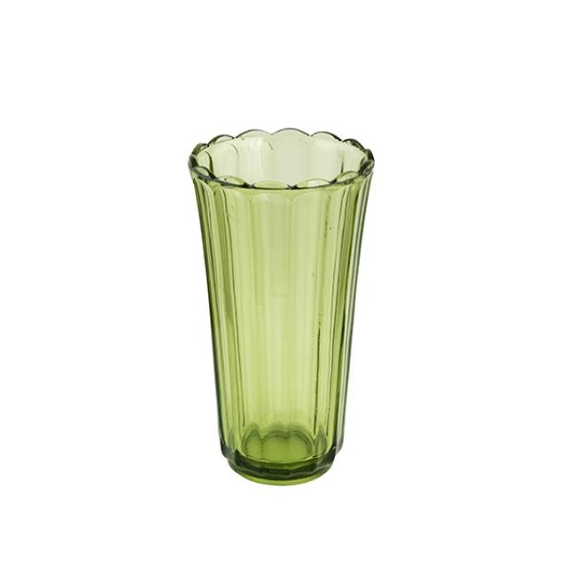 VASE-Green Vertical Ribbed w/Scalloped Top