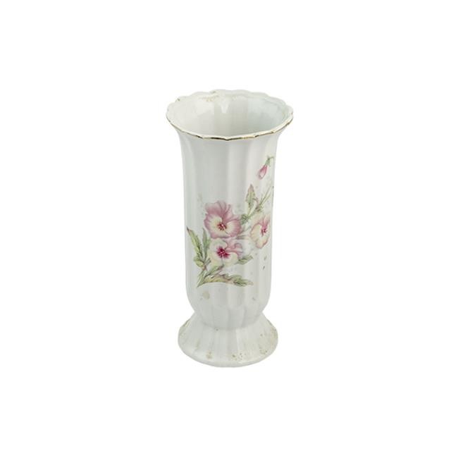 VASE-White Vertical Ribbed w/Pink Flowers