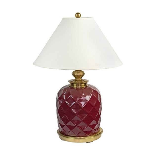 TABLE LAMP- Burgundy Lamp W/Diamond Design on Brass Base