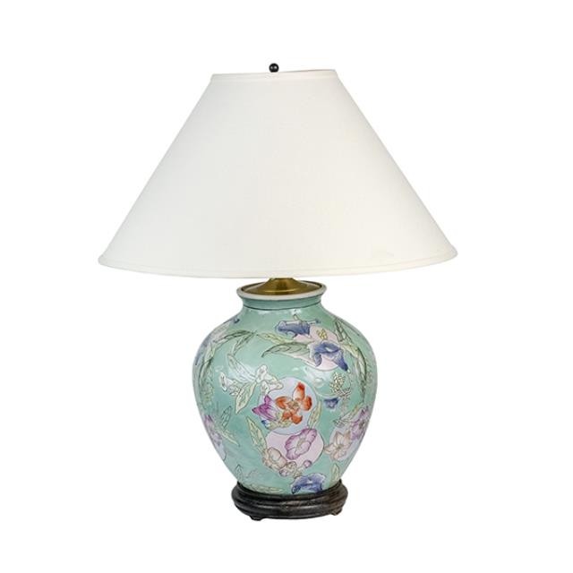 TABLE LAMP-Pale Blue Asian Lamp W/Floral Vine Design