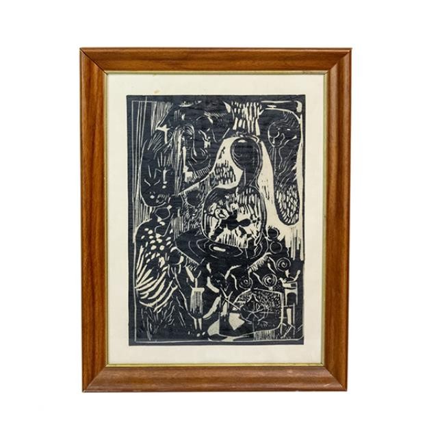 ABSTRACT PRINT-Black & White W/Brown Frame