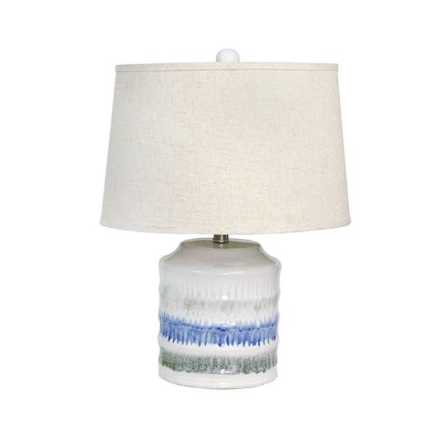 TABLE LAMP-Cream Ceramic W/Blue & GreyWave Stipes