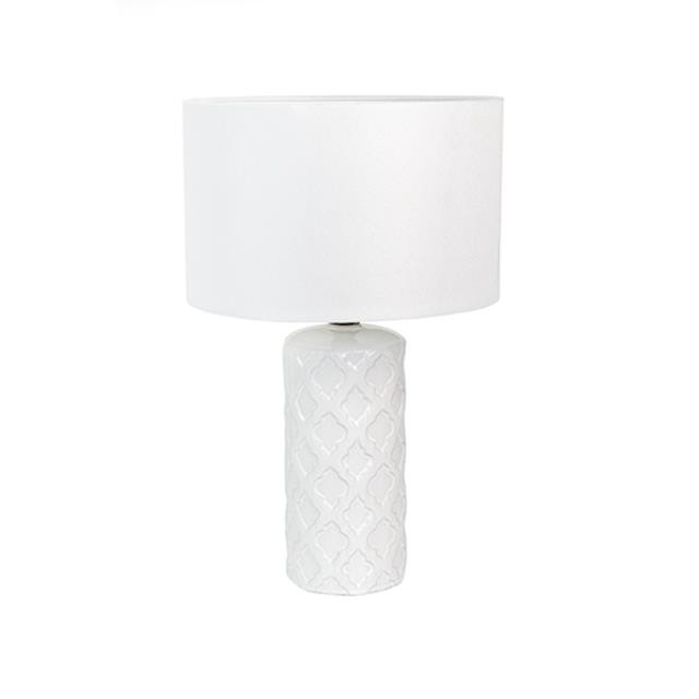 TABLE LAMP-White Ceramic Cylander W/Relief Design