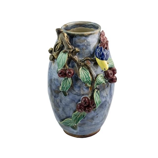 VASE-Blue Glaze W/Cherries & Bird