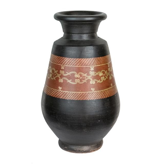 VASE-Large Brown Ceramic W/Red Band Design