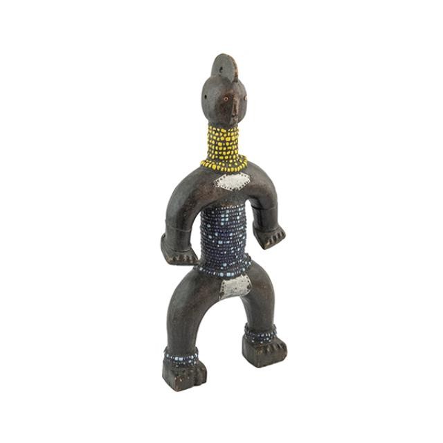 FIGURINE-Carved Wooden Man w/Yellow Beads on Neck & Blue Beads on Torso