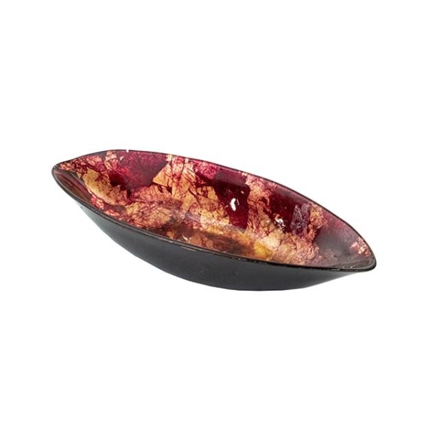 DECORATIVE BOWL-Oval Glass-Gold/Red Splatter Pattern