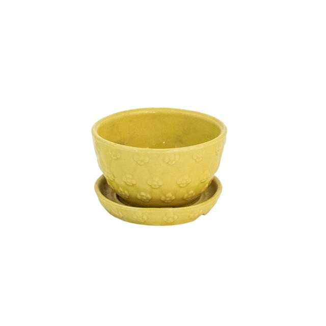 PLANTER-Yellow Ceramic w/ Relief Flower Design & Saucer Attached