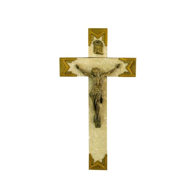 CRUCIFIX-Brass Jesus on Faux Metal/Wood Base