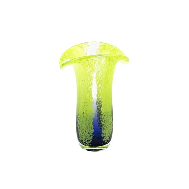 VASE-Green Translucent W/Yellow Lily Shaped