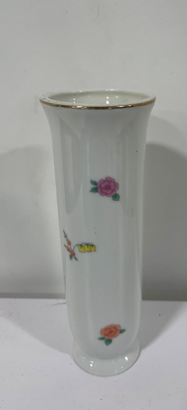 VASE-White Cylinder W/Roses, Gold Rim, & A Poem on Front