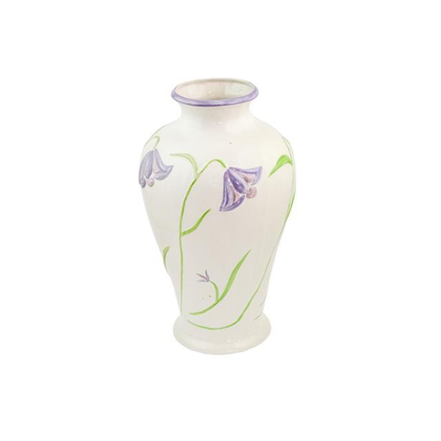 VASE-Tall Urn Shape White W/Lavendar Petal Flowers & Blue Rim