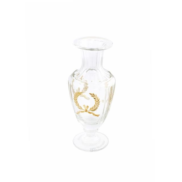 VASE-Clear Glass Urn W/Ribbed Neck & Gold Laurel Leaf Crest