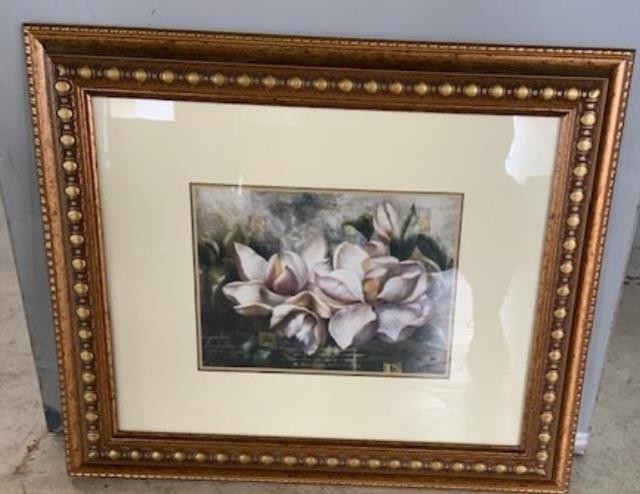 FLORAL PRINT-(2) Gardenias in Gold Frame W/Creme  Mat