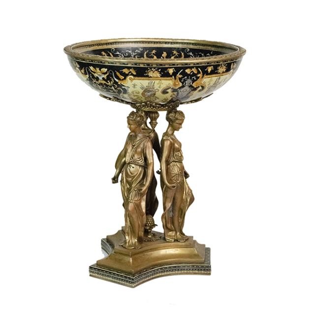 DECORATIVE BOWL-Antique Porcelain Dragon Pattern w/3 Graces Brass Pedestal