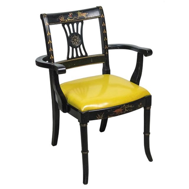 ARM CHAIR-Dining-Black Frame-w/Yellow Seat-Asian Art on Frame