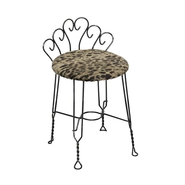 VANITY STOOL-Scrolled Wire Back w/Leopard Print Seat