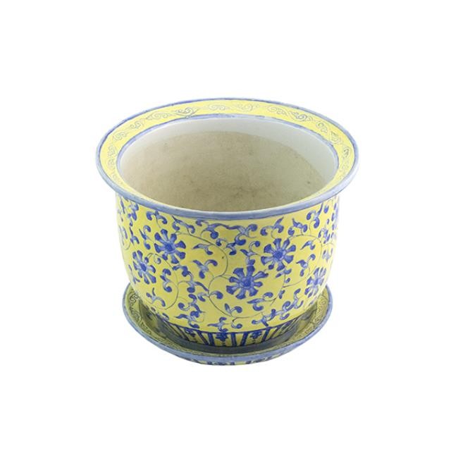 PLANTER-Vintage Oriental Yellow & Blue Floral w/Saucer