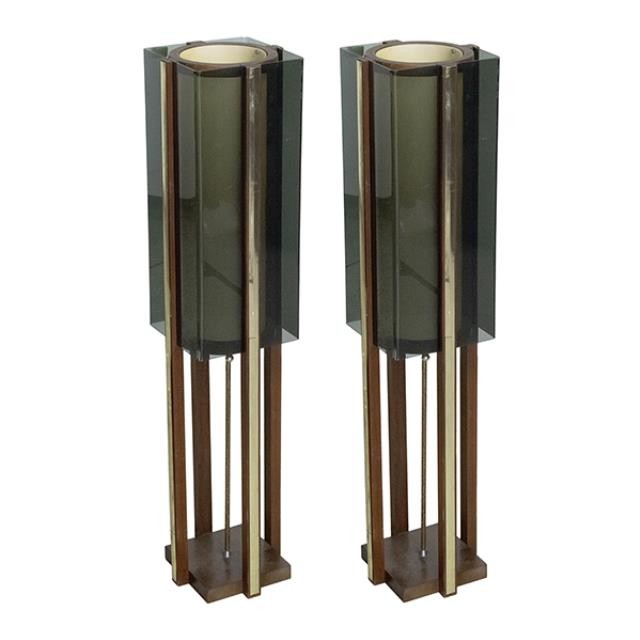 VINTAGE FLOOR LAMP-Wood Pillar W/Gold Accents & Smoke Acrylic Shades