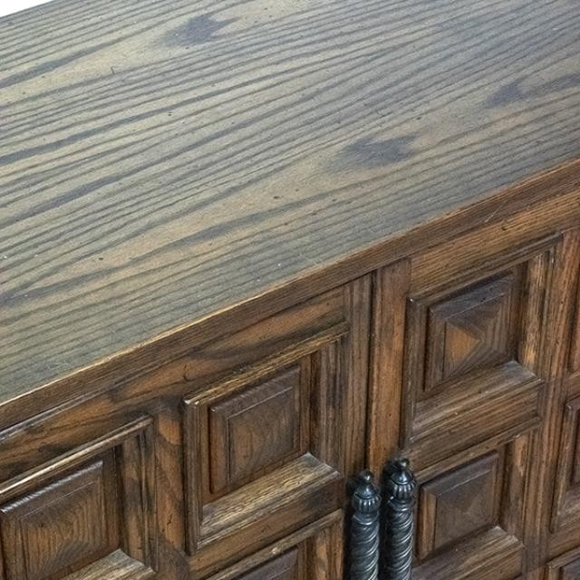 END TABLE-MCM Fruitwood W/Squares, (2)Doors, & Turned Metal Hardware