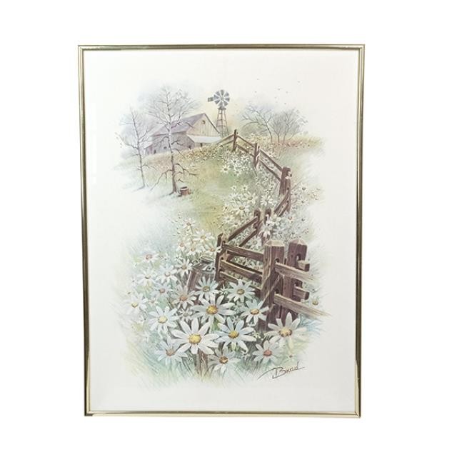 FRAMED ART-Barn W/Daisies & Split Rail Fence