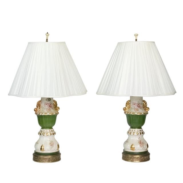 TABLE LAMP-Vintage Green & White W/Gold Accents