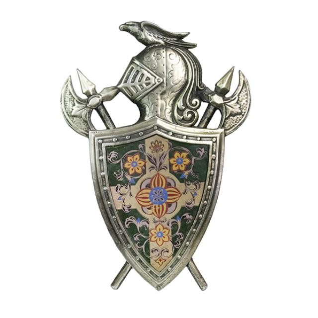 COAT OF ARMS-Knight & Bird/Shield Painted Flowers (Red, Yellow, & Blue)