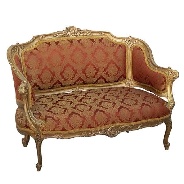 SETTEE-Louis Inspired Gold Ornate Frame W/Red & Gold Damask