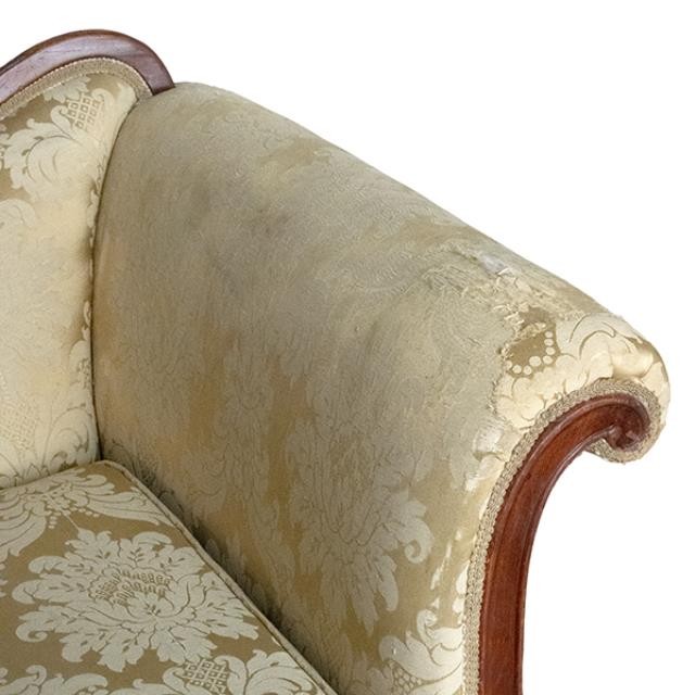 VICTORIAN SOFA-Gold Damask/Rolled Arm