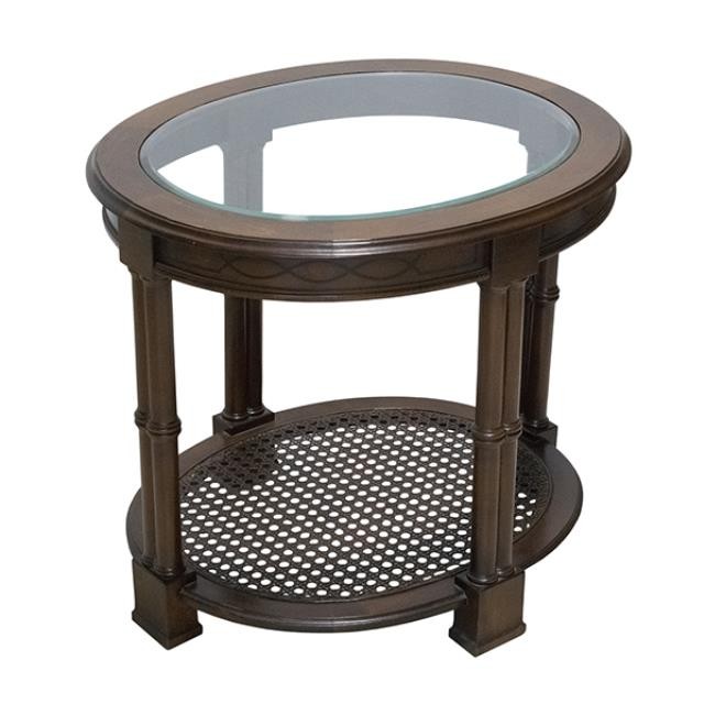 SIDE TABLE-Fruitwood-Glass Top w/Cane Bottom