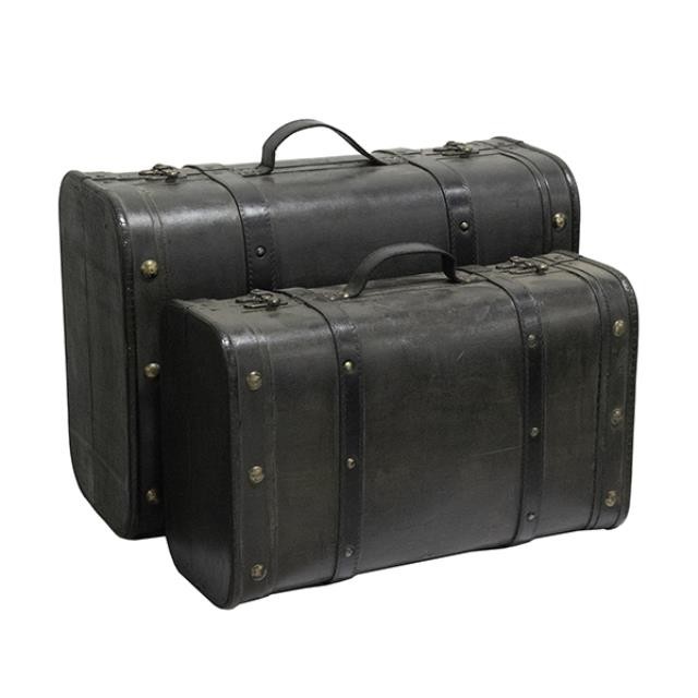 SUITCASE-Small Black Wood w/Leather Rounded Bands Suitcase