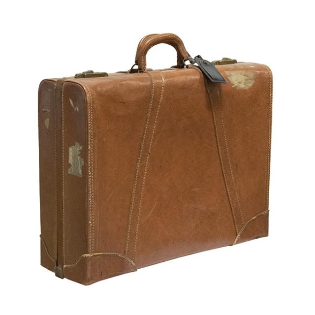 VINTAGE SUITCASE-Medium Light Brown Leather W/Banding