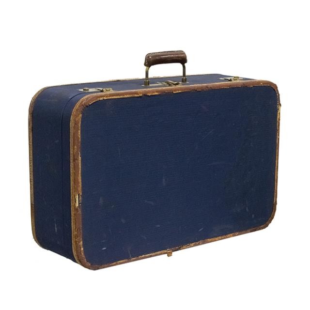 VINTAGE SUITCASE-Navy Blue Fabric W/Leather Trim