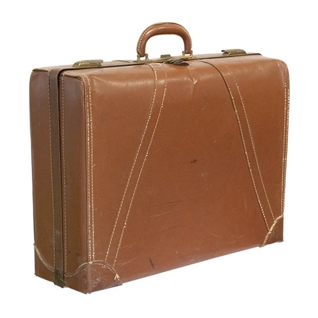 VINATGE LEATHER SUIT CASE-Brown W/Banding & Reinforced Corners