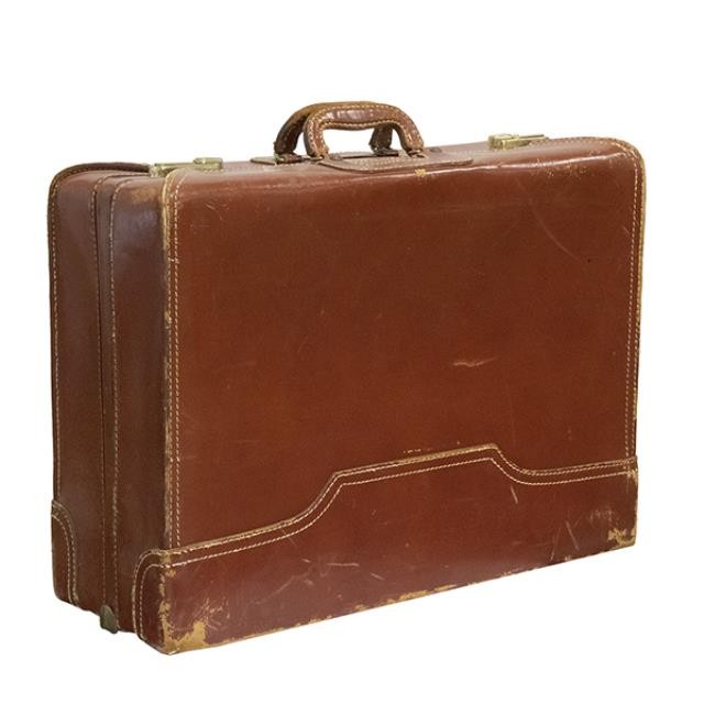 VINTAGE BROWN LEATHER SUITCASE-W/Banding Detail at Bottom