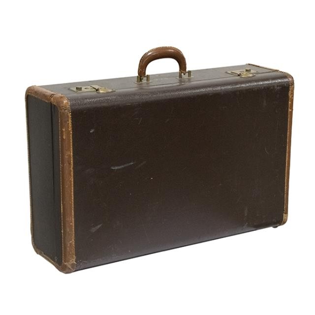 VINTAGE SUITCASE-Medium Brown W/Leater Trim & Initials "S.K.R."